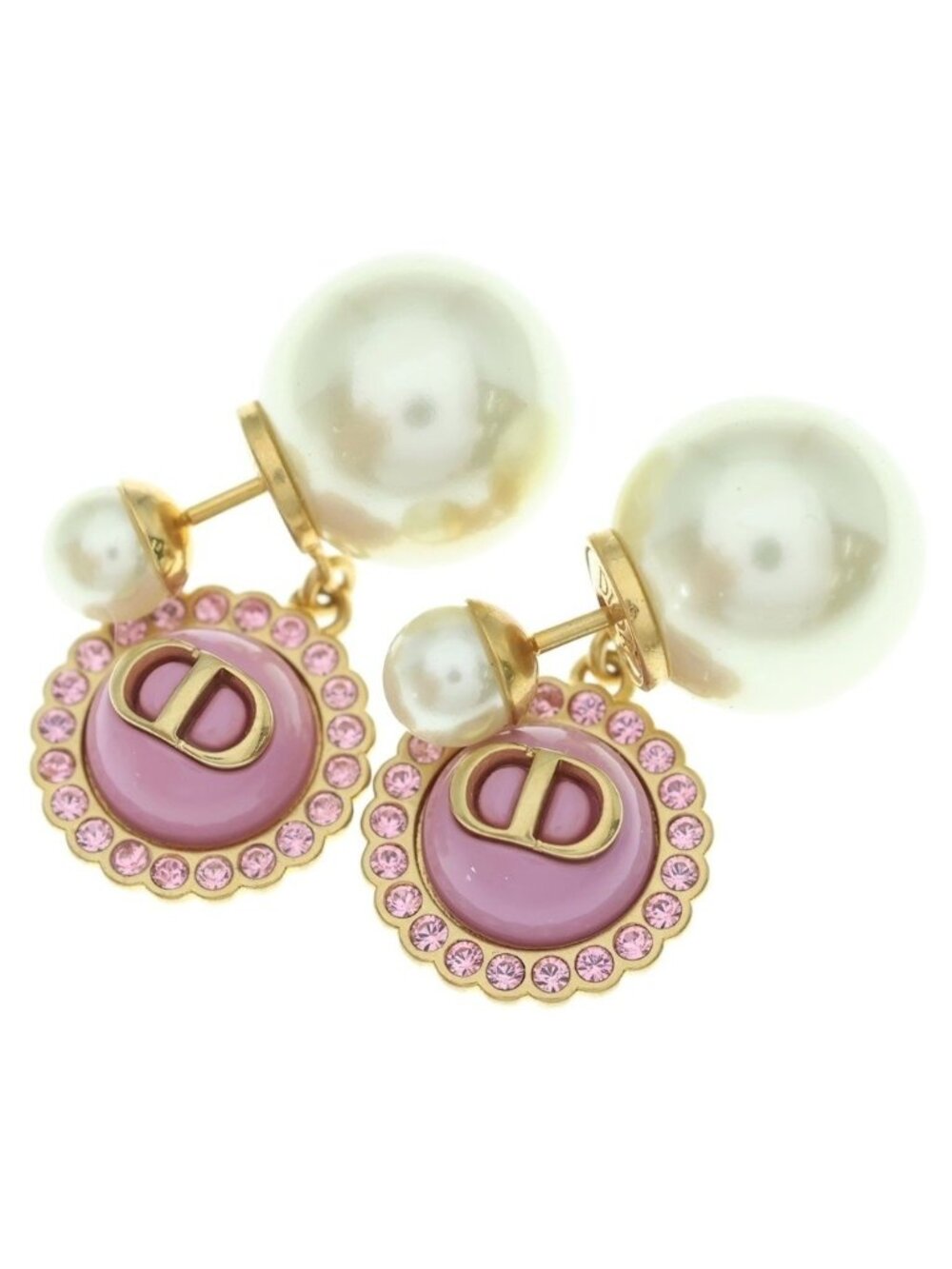 Dior Petit CD Logo Rhinestone Tribal Earrings Pearl Pink Gold